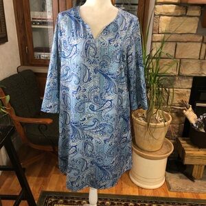 BLUE PAISLEY SIZE LARGE MULTICOLORED BLUE TUNIC DRESS WITH POCKETS EUC